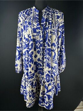Zara Blue White Abstract Print Long Sleeve Mini Dress Relaxed Fit Size M